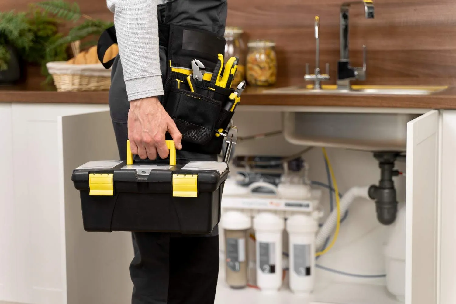 Technician holding a toolbox beside an open kitchen sink cabinet